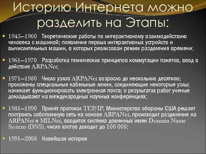 Историю Интернета можно разделить на Этапы: 1945— 1960 Теоретические работы по интерактивному взаимодействию человека