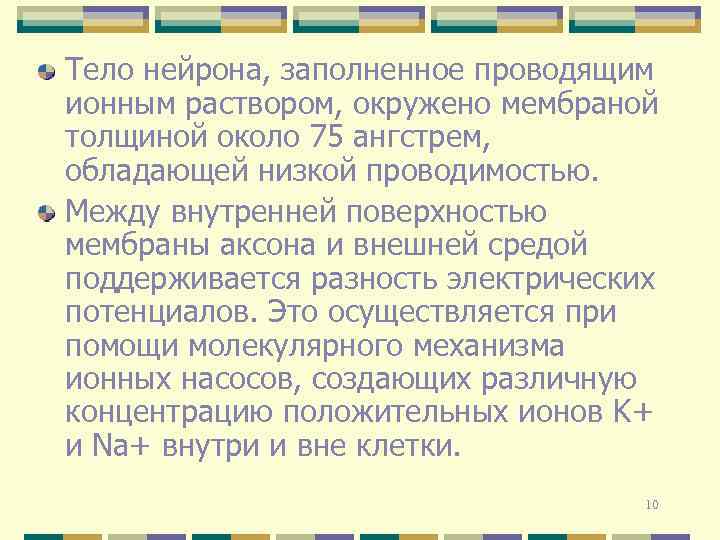 Тело нейрона, заполненное проводящим ионным раствором, окружено мембраной толщиной около 75 ангстрем, обладающей низкой