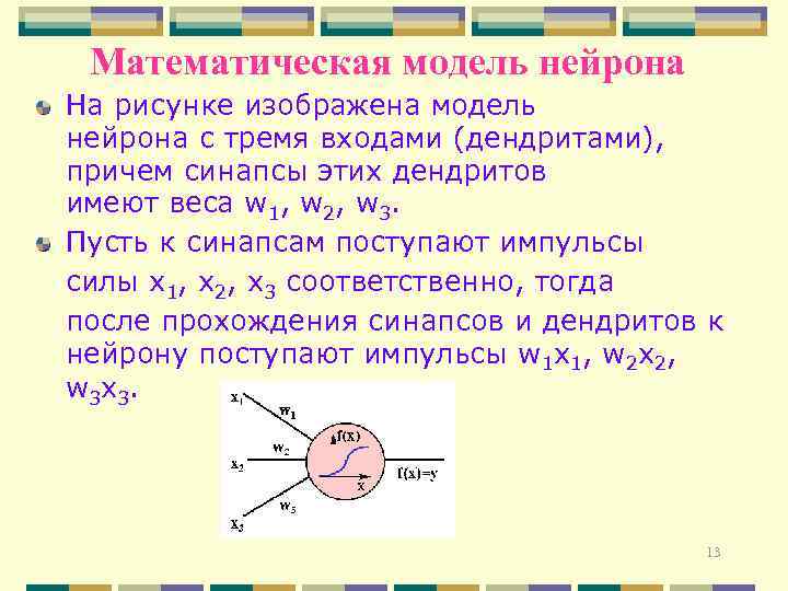 Математическая модель нейрона На рисунке изображена модель нейрона с тремя входами (дендритами), причем синапсы