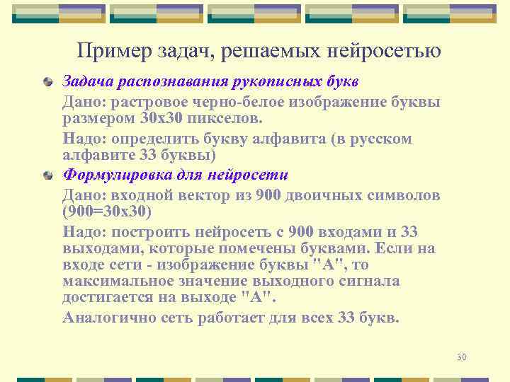 Пример задач, решаемых нейросетью Задача распознавания рукописных букв Дано: растровое черно-белое изображение буквы размером
