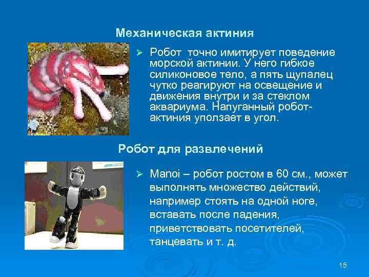 Механическая актиния Ø Робот точно имитирует поведение морской актинии. У него гибкое силиконовое тело,