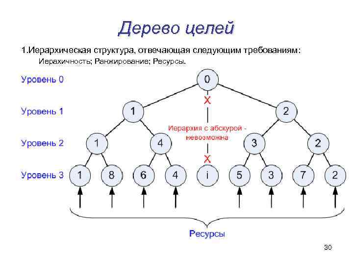 Дерево целей 1. Иерархическая структура, отвечающая следующим требованиям: Иерахичность; Ранжирование; Ресурсы. 30 