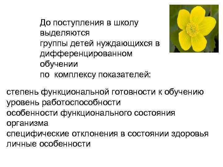 До поступления в школу выделяются группы детей нуждающихся в дифференцированном обучении по комплексу показателей: