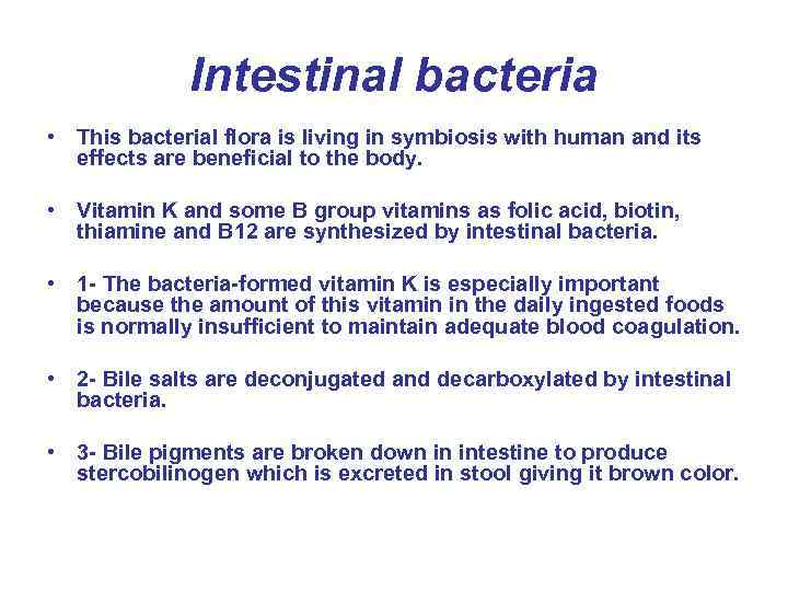 Intestinal bacteria • This bacterial flora is living in symbiosis with human and its