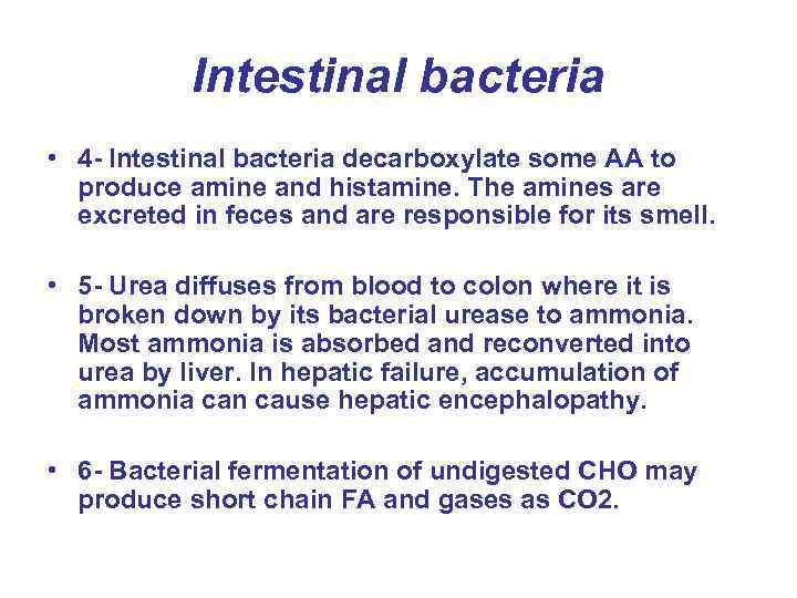 Intestinal bacteria • 4 - Intestinal bacteria decarboxylate some AA to produce amine and
