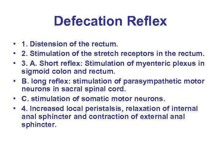 Defecation Reflex • 1. Distension of the rectum. • 2. Stimulation of the stretch