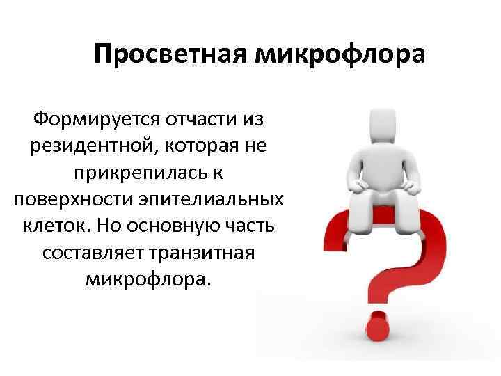 Просветная микрофлора Формируется отчасти из резидентной, которая не прикрепилась к поверхности эпителиальных клеток. Но
