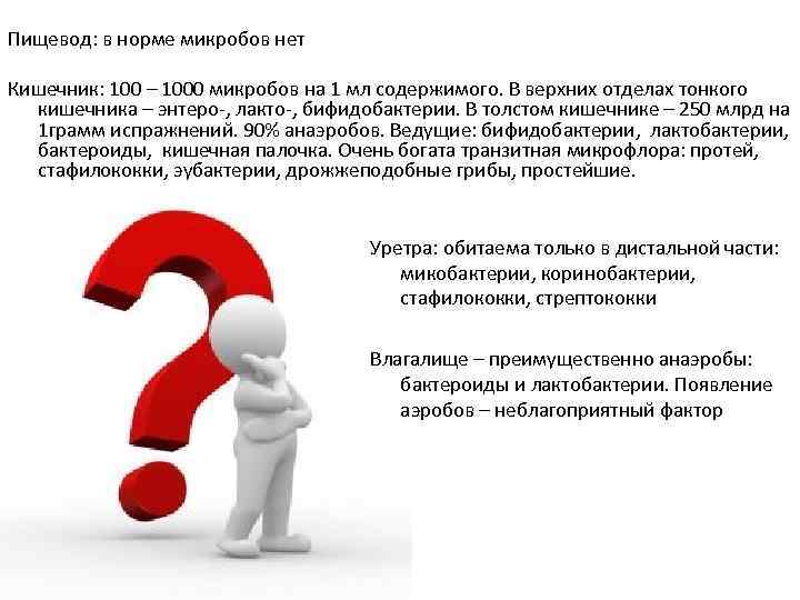 Пищевод: в норме микробов нет Кишечник: 100 – 1000 микробов на 1 мл содержимого.