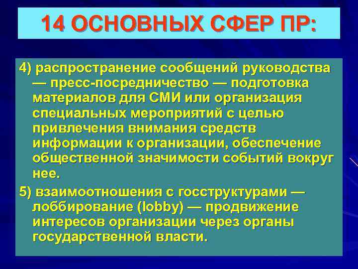 14 ОСНОВНЫХ СФЕР ПР: 4) распространение сообщений руководства — пресс-посредничество — подготовка материалов для