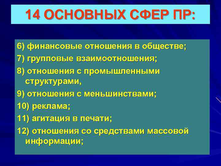 14 ОСНОВНЫХ СФЕР ПР: 6) финансовые отношения в обществе; 7) групповые взаимоотношения; 8) отношения