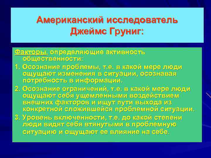 Американский исследователь Джеймс Груниг: Факторы, определяющие активность общественности: 1. Осознание проблемы, т. е. в