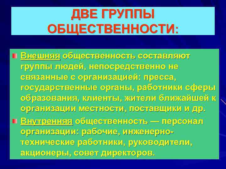 Внешняя группа. Внешняя группа общественности. Внутренняя и внешняя общественность. Группы общественности примеры. Группы общественности в PR.