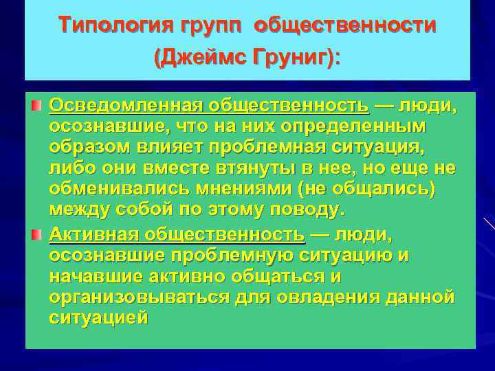 Типология групп общественности (Джеймс Груниг): Осведомленная общественность — люди, осознавшие, что на них определенным