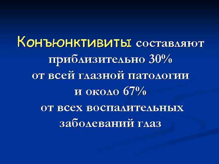Конъюнктивиты составляют приблизительно 30% от всей глазной патологии и около 67% от всех воспалительных