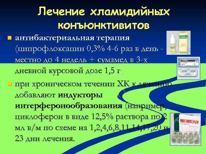 Лечение хламидийных конъюнктивитов антибактериальная терапия (ципрофлоксацин 0, 3% 4 -6 раз в день местно
