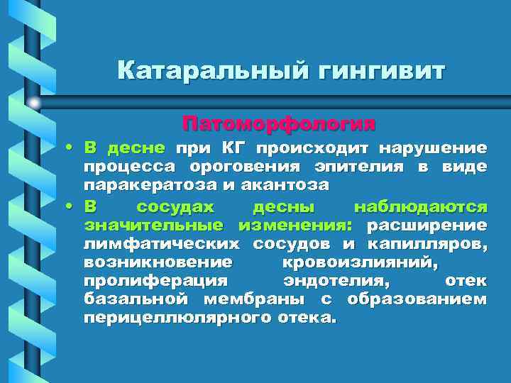 Катаральный гингивит Патоморфология • В десне при КГ происходит нарушение процесса ороговения эпителия в