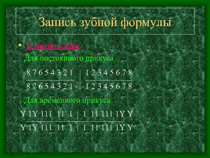 Запись зубной формулы • Клиническая: Для постоянного прикуса 87654321 | 12345678 —————— | ——————