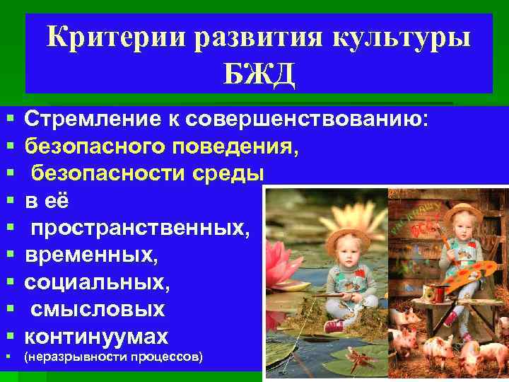 Критерии развития культуры БЖД § § § § § Стремление к совершенствованию: безопасного поведения,