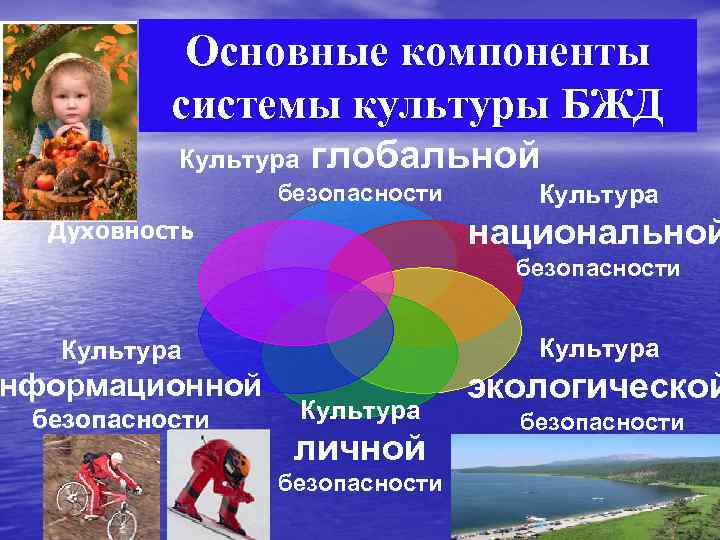 Основные компоненты системы культуры БЖД Культура глобальной безопасности Культура национальной Духовность безопасности Культура нформационной