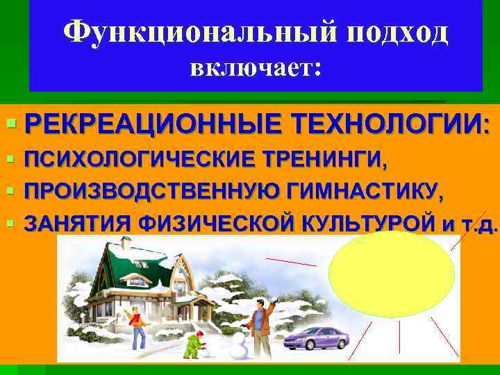 Функциональный подход включает: § РЕКРЕАЦИОННЫЕ ТЕХНОЛОГИИ: § ПСИХОЛОГИЧЕСКИЕ ТРЕНИНГИ, § ПРОИЗВОДСТВЕННУЮ ГИМНАСТИКУ, § ЗАНЯТИЯ