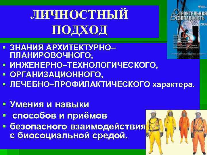 ЛИЧНОСТНЫЙ ПОДХОД § ЗНАНИЯ АРХИТЕКТУРНО– ПЛАНИРОВОЧНОГО, § ИНЖЕНЕРНО–ТЕХНОЛОГИЧЕСКОГО, § ОРГАНИЗАЦИОННОГО, § ЛЕЧЕБНО–ПРОФИЛАКТИЧЕСКОГО характера. §
