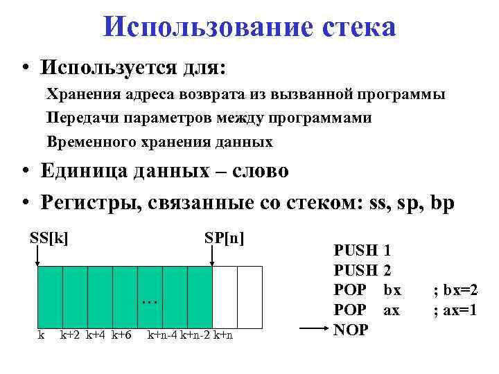 Использование стека • Используется для: Хранения адреса возврата из вызванной программы Передачи параметров между