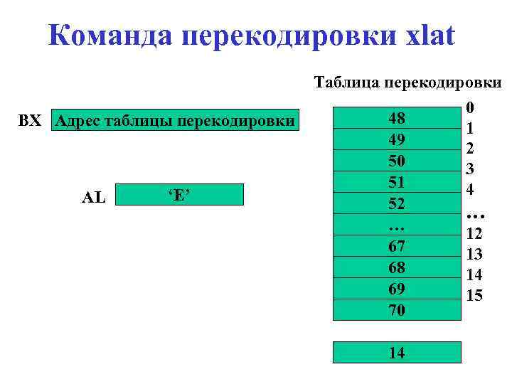 Команда перекодировки xlat Таблица перекодировки BX Адрес таблицы перекодировки AL ‘E’ 48 49 50