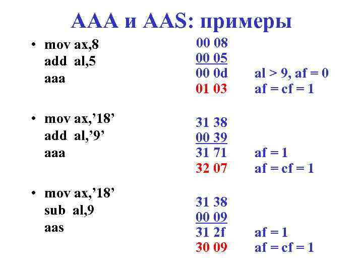 AAA и AAS: примеры • mov ax, 8 add al, 5 aaa 00 08