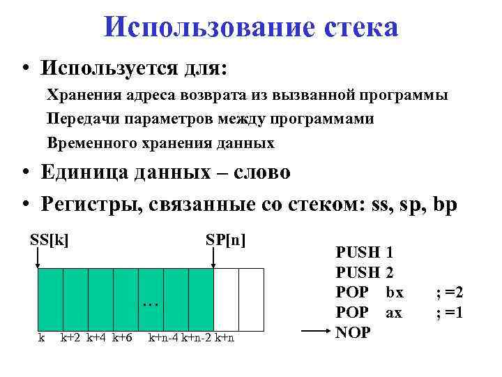 Использование стека • Используется для: Хранения адреса возврата из вызванной программы Передачи параметров между