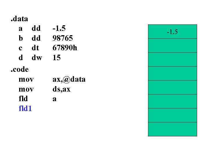 . data a dd b dd c dt d dw. code mov fld 1