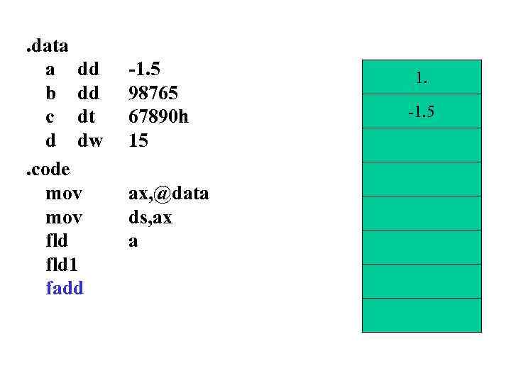 . data a dd b dd c dt d dw. code mov fld 1