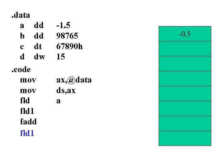 . data a dd b dd c dt d dw. code mov fld 1