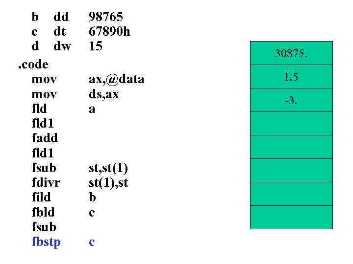 b dd c dt d dw. code mov fld 1 fadd fld 1 fsub