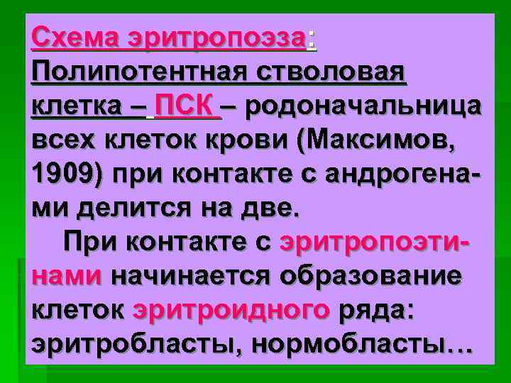Схема эритропоэза: Полипотентная стволовая клетка – ПСК – родоначальница всех клеток крови (Максимов, 1909)