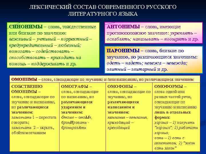 ЛЕКСИЧЕСКИЙ СОСТАВ СОВРЕМЕННОГО РУССКОГО ЛИТЕРАТУРНОГО ЯЗЫКА СИНОНИМЫ – слова, тождественные или близкие по значению: