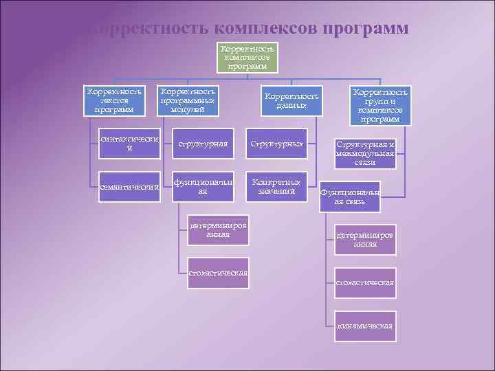 Корректность комплексов программ Корректность текстов программ Корректность программных модулей Корректность данных синтаксически й структурная