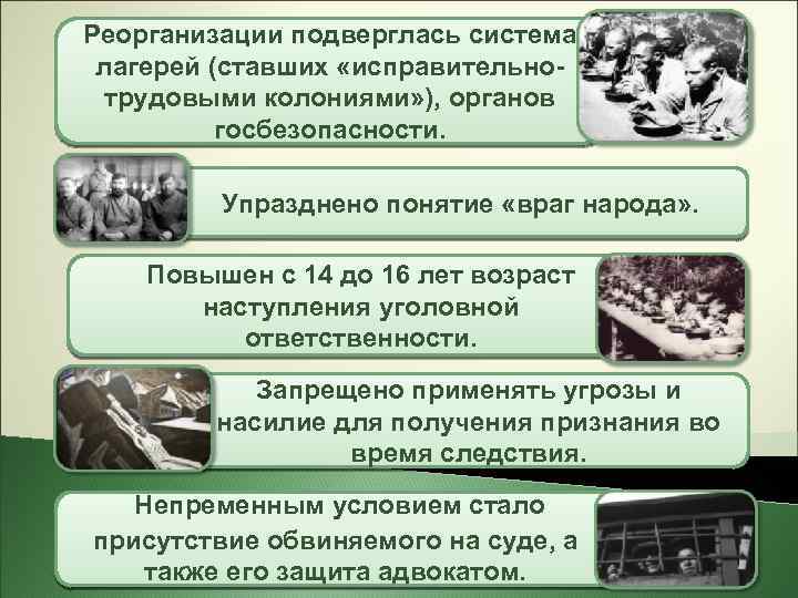 Реорганизации подверглась система лагерей (ставших «исправительнотрудовыми колониями» ), органов госбезопасности. Упразднено понятие «враг народа»