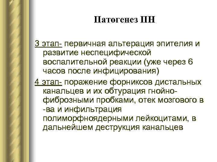 Патогенез ПН 3 этап- первичная альтерация эпителия и развитие неспецифической воспалительной реакции (уже через