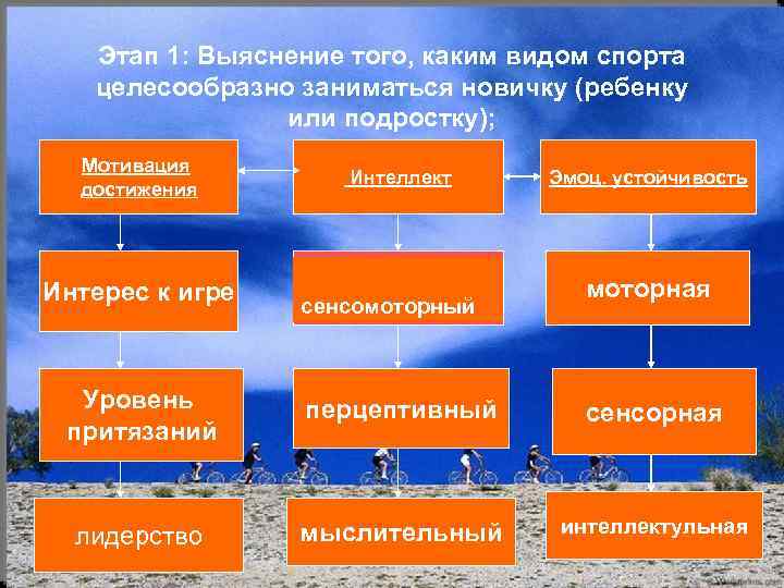 Этап 1: Выяснение того, каким видом спорта целесообразно заниматься новичку (ребенку или подростку); Мотивация