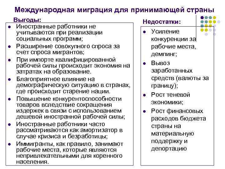  Международная миграция для принимающей страны Выгоды: Недостатки: l Иностранные работники не учитываются при