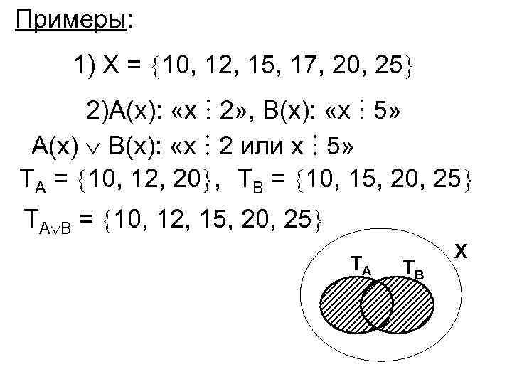 Примеры: 1) Х = 10, 12, 15, 17, 20, 25 2)А(х): «х 2» ,