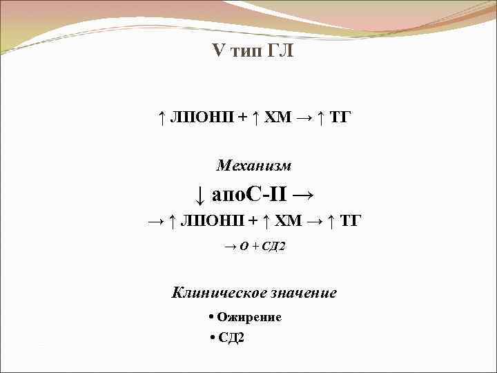 V тип ГЛ ↑ ЛПОНП + ↑ ХМ → ↑ ТГ Механизм ↓ апо.