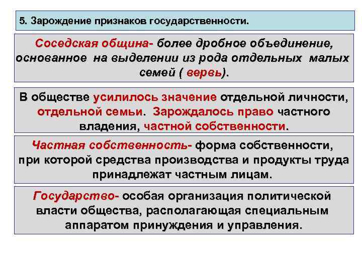 5. Зарождение признаков государственности. Соседская община- более дробное объединение, основанное на выделении из рода