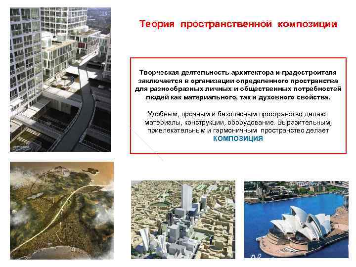Теория пространственной композиции Творческая деятельность архитектора и градостроителя заключается в организации определенного пространства для