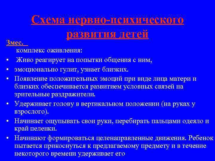 Схема нервно-психического развития детей Змес. комплекс оживления: • Живо реагирует на попытки общения с