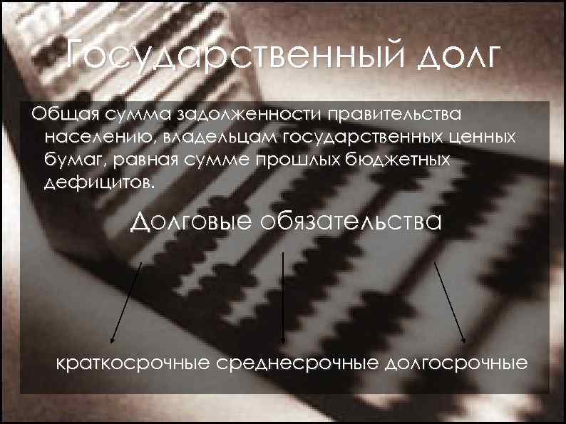 Государственный долг Общая сумма задолженности правительства населению, владельцам государственных ценных бумаг, равная сумме прошлых
