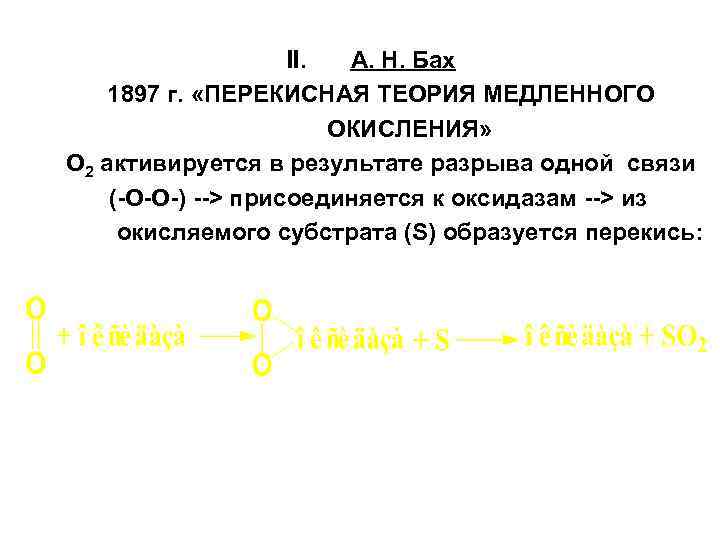 II. А. Н. Бах 1897 г. «ПЕРЕКИСНАЯ ТЕОРИЯ МЕДЛЕННОГО ОКИСЛЕНИЯ» О 2 активируется в