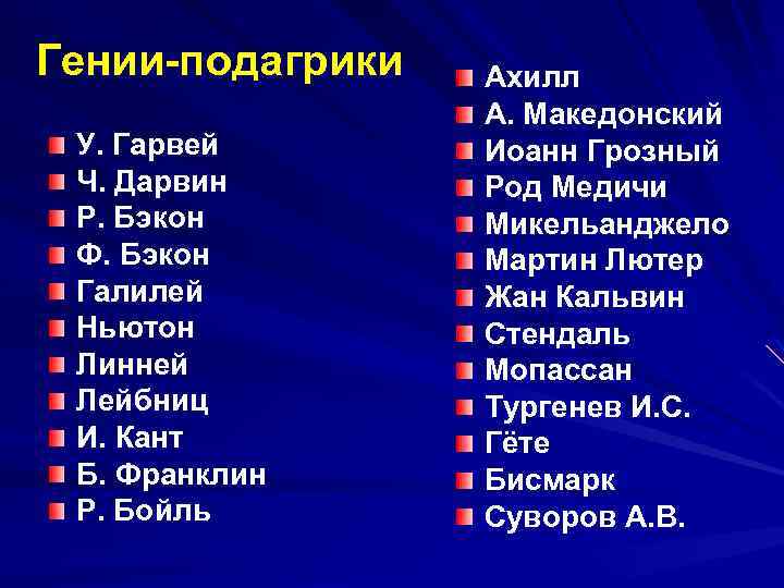 Гении-подагрики У. Гарвей Ч. Дарвин Р. Бэкон Ф. Бэкон Галилей Ньютон Линней Лейбниц И.