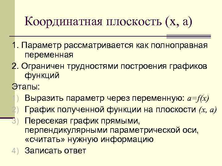 Координатная плоскость (x, a) 1. Параметр рассматривается как полноправная переменная 2. Ограничен трудностями построения