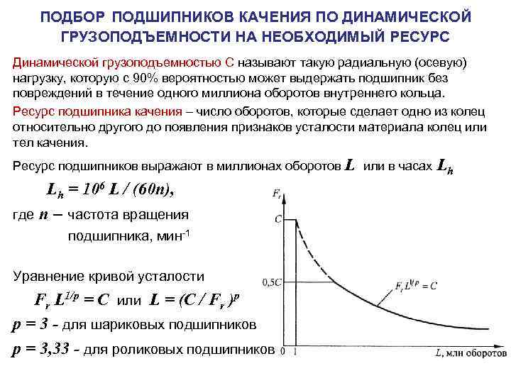 ПОДБОР ПОДШИПНИКОВ КАЧЕНИЯ ПО ДИНАМИЧЕСКОЙ ГРУЗОПОДЪЕМНОСТИ НА НЕОБХОДИМЫЙ РЕСУРС Динамической грузоподъемностью С называют такую